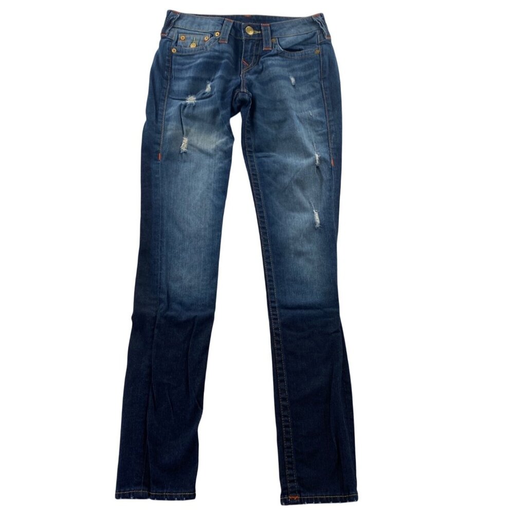 True Religion Womens Jeans Size 26 Super Skinny Dark Wash Distressed Denim